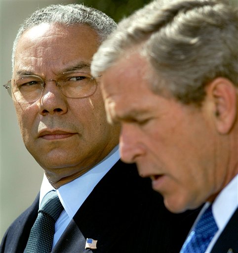 In this April 4, 2002, file photo Secretary of State Colin Powell looks on as President Bush makes a statement in the Rose Garden of the White House. Powell, a Republican who was President Bush's first secretary of state, endorsed Democrat Barack Obama for president Sunday, Oct. 19, 2008, and criticized the tone of Republican John McCain's campaign. (AP Photo/Doug Mills,File)